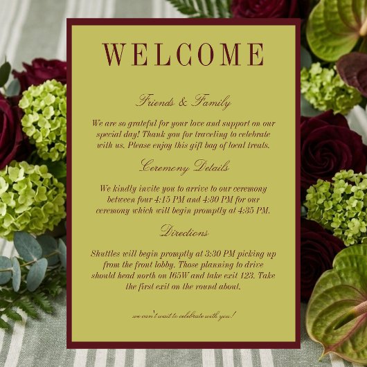 Elegant Chartreuse Burgundy Wedding Welcome Programm