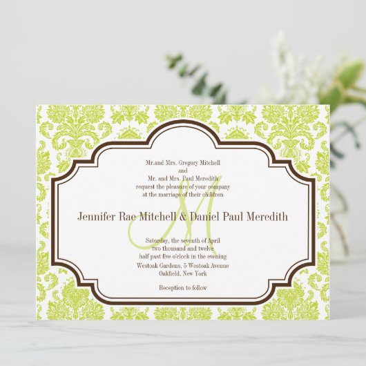 Elegant Chartreuse Damask Hochzeitseinladungen Einladung (Stehend Vorderseite)