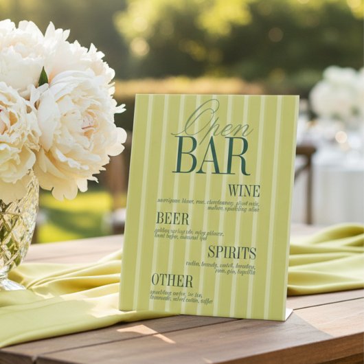 Elegant Chartreuse Stripe Open Bar Menu Wedding Sockelschild