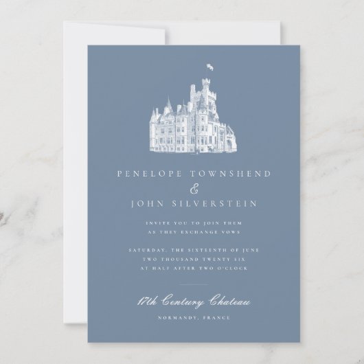 Elegant Château Illustration Französisch Blue Wedd Einladung (Vorderseite)