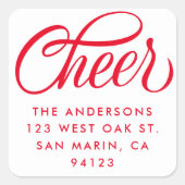Elegant Cheer Script Weihnachts-Rücksendeadresse Quadratischer Aufkleber (Vorderseite)