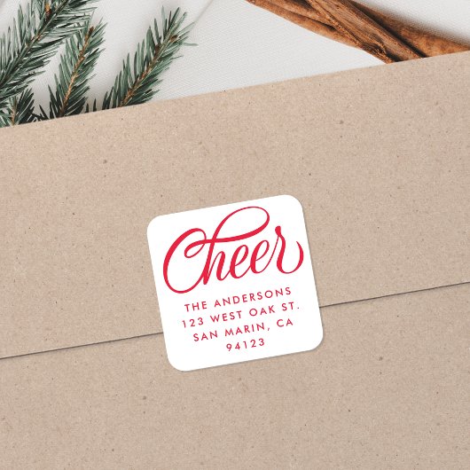 Elegant Cheer Script Weihnachts-Rücksendeadresse Quadratischer Aufkleber