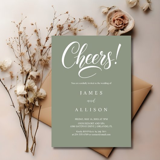 Elegant Cheers Script Sage Green Wedding Einladung