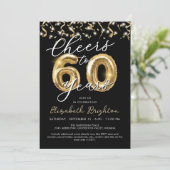 Elegant Cheers to 60 Jahre Script Balloon Confetti Einladung (Stehend Vorderseite)