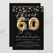 Elegant Cheers to 60 Jahre Script Balloon Confetti Einladung (Vorne/Hinten)