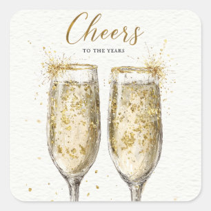 Elegant "Cheers to the Years" Goldener Champagner Quadratischer Aufkleber