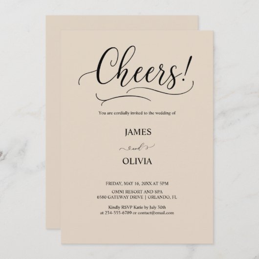 Elegant Cheers! Warm Beige Modern Script Wedding Einladung (Vorne/Hinten)