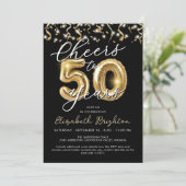 Elegant Cheers zu 50 Jahren Script Balloon Confett Einladung (Stehend Vorderseite)