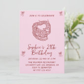 Elegant Cherry Birthday Invitation with Heart Cake Einladung (Stehend Vorderseite)