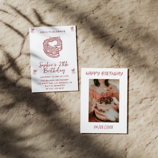 Elegant Cherry Birthday Invitation with Heart Cake Einladung