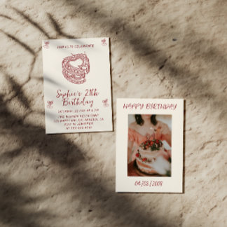 Elegant Cherry Birthday Invitation with Heart Cake Einladung