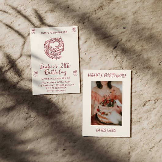 Elegant Cherry Birthday Invitation with Heart Cake Einladung