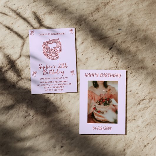 Elegant Cherry Birthday Invitation with Heart Cake Einladung