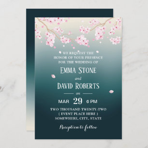 Elegant Cherry Blossom Aquamarin Ombre Floral Wedd Einladung