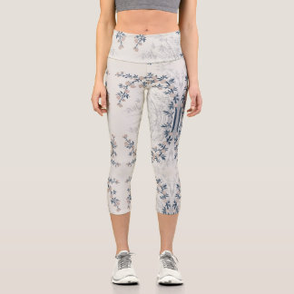 Elegant Cherry Blossom Bamboo Floral White Capri Leggings