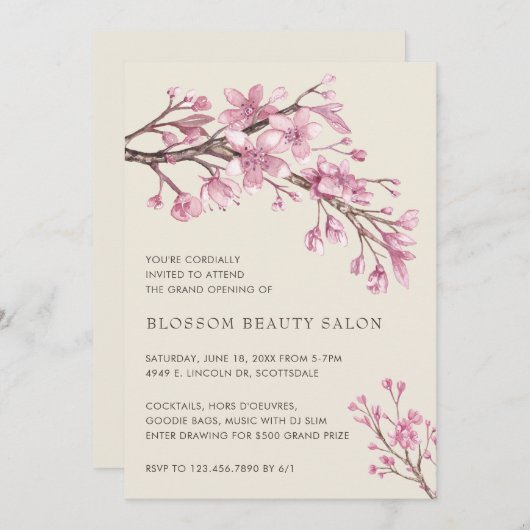 Elegant Cherry Blossom Beauty Salon Grand Opening Einladung (Vorne/Hinten)