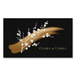 Elegant Cherry Blossom Gold Brushstroke Black Magnetische Visitenkarte