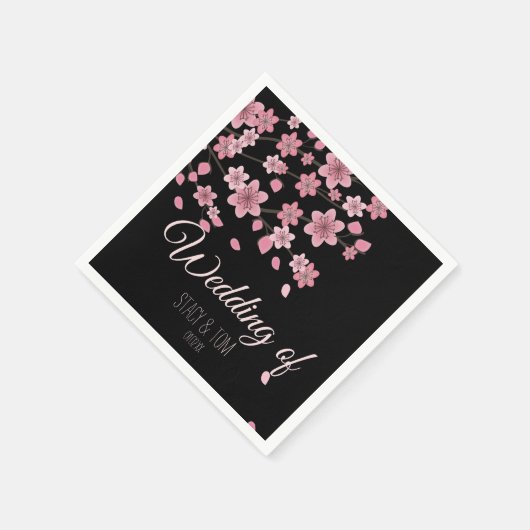 Elegant Cherry Blossom Tree Petals Black Wedding Serviette (Ecke)