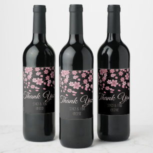 Elegant Cherry Blossom Tree Petals Black Wedding Weinetikett