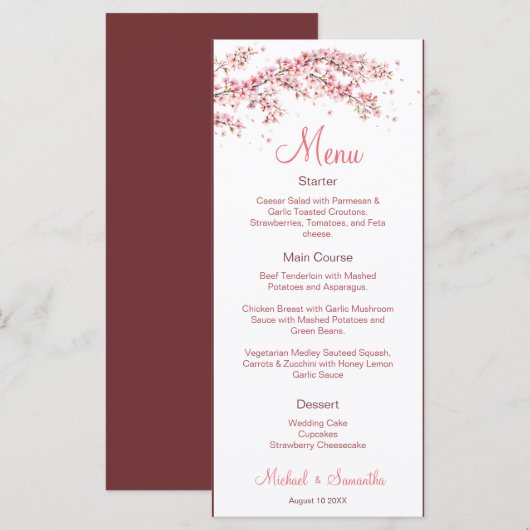 Elegant Cherry Blossom Wedding Menükarte (Vorne/Hinten)