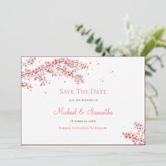 Elegant Cherry Blossom Wedding Save The Date (Stehend Vorderseite)