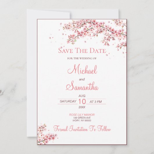 Elegant Cherry Blossom Wedding Save The Date (Vorderseite)
