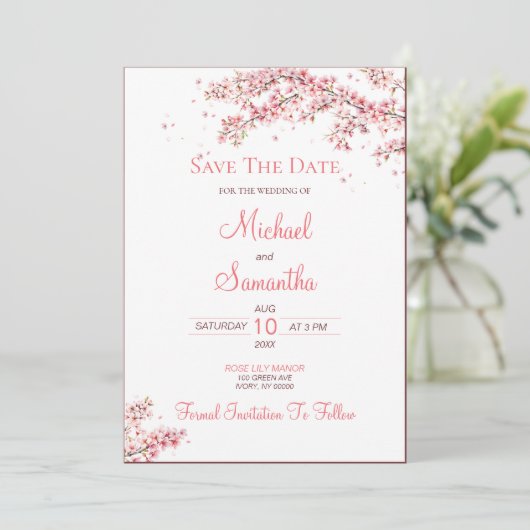 Elegant Cherry Blossom Wedding Save The Date (Stehend Vorderseite)