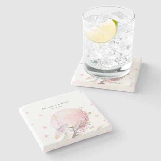 Elegant Cherry Blossom Wedding Steinuntersetzer (Seitenansicht)