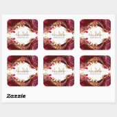 Elegant Cherry Red & Gold Monogram Script Quadratischer Aufkleber (Blatt)