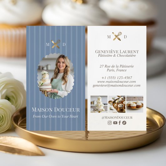 Elegant Chic Bakery Stripes & Gold Whisk Photo Visitenkarte