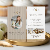 Elegant Chic Bakery Stripes & Gold Whisk Photo Visitenkarte