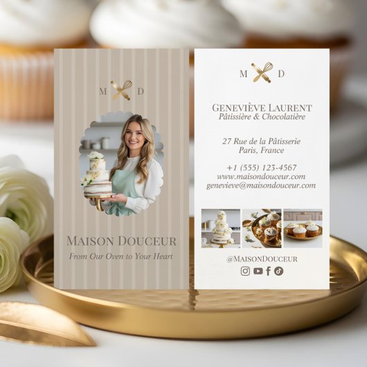 Elegant Chic Bakery Stripes & Gold Whisk Photo Visitenkarte