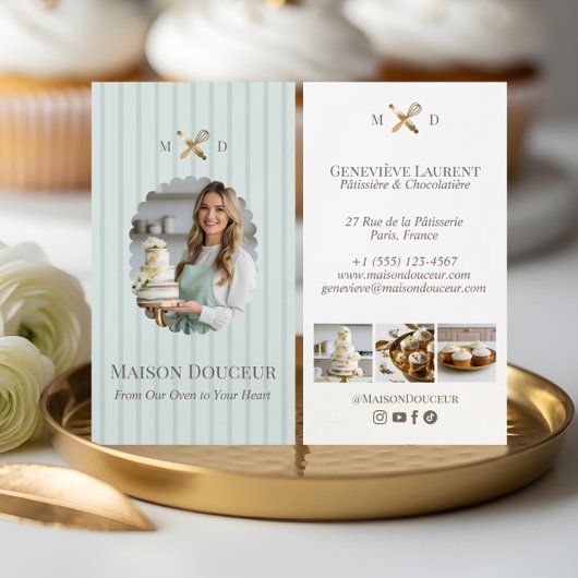 Elegant Chic Bakery Stripes & Gold Whisk Photo  Visitenkarte