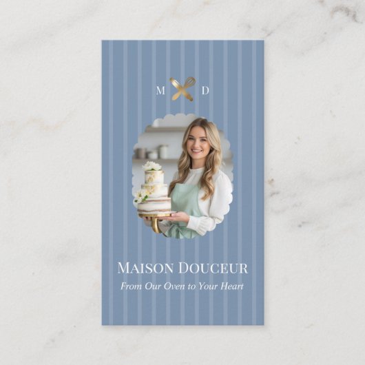 Elegant Chic Bakery Stripes & Gold Whisk Photo Visitenkarte (Vorderseite)