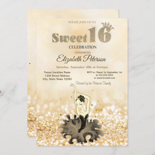 Elegant Chic Ballerina Gold Bokeh Sweet 16 Einladung (Vorne/Hinten)
