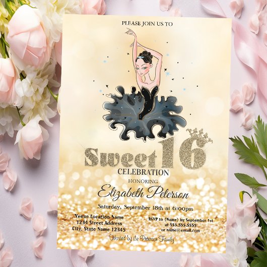 Elegant Chic Ballerina Gold Glitzer Bokeh Sweet 16 Einladung