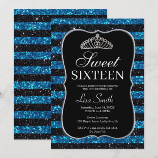 Elegant Chic Black Blue Glitzer Tiara Sweet 16 Einladung