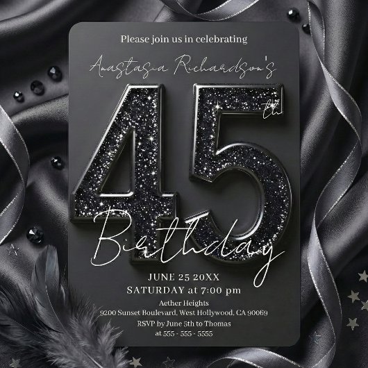 Elegant Chic Black Glitter 45th Birthday Party Einladung