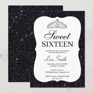 Elegant Chic Black Glitzer Tiara Sweet 16 Einladung