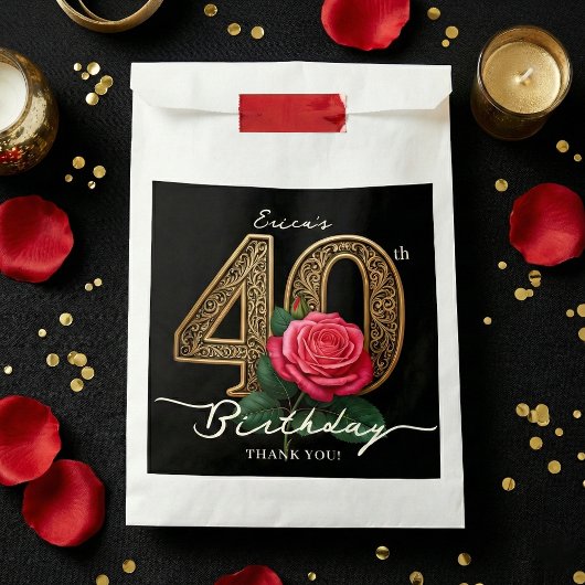 Elegant Chic Black Gold 40th Birthday Red Rose Geschenktütchen