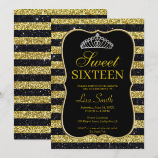 Elegant Chic Black Gold Glitzer Tiara Sweet 16 Einladung