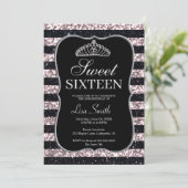 Elegant Chic Black Pink Glitzer Tiara Sweet 16 Einladung (Stehend Vorderseite)