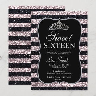 Elegant Chic Black Pink Glitzer Tiara Sweet 16 Einladung