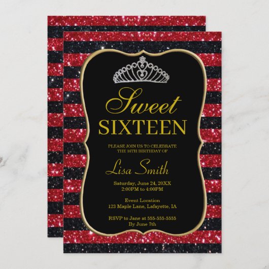 Elegant Chic Black Red Glitzer Tiara Sweet 16 Einladung (Vorne/Hinten)