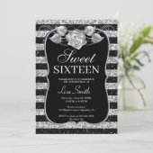 Elegant Chic Black Silver Glitzer Rose Sweet 16 Einladung (Stehend Vorderseite)