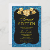 Elegant Chic Blue Glitzer Gold Rose Sweet 16 Einladung (Vorderseite)