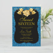 Elegant Chic Blue Glitzer Gold Rose Sweet 16 Einladung (Stehend Vorderseite)