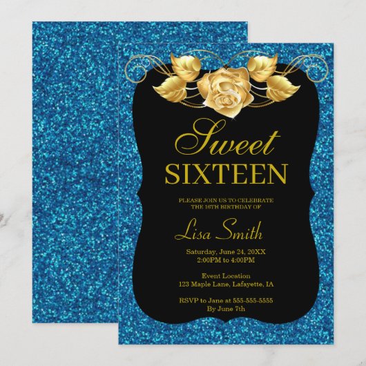 Elegant Chic Blue Glitzer Gold Rose Sweet 16 Einladung (Vorne/Hinten)