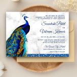 Elegant Chic Blue Glitzer Peacock Indian Wedding Einladung<br><div class="desc">Erleben Sie Ihren Aufenthalt mit dieser eleganten Pfauenhochzeit, die Sie mit einem schönen Pfau mit lebhaften Federn und traditioneller Typografie auf weißem Marmorboden einlädt. Fügen Sie einfach Ihre Veranstaltungsdetails zu dieser einfach zu bedienenden Vorlage hinzu, um sie zu einer einmaligen Einladung zu machen. Dreh die Karte auf, um eine Imitat...</div>