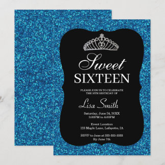 Elegant Chic Blue Glitzer Tiara Sweet 16 Einladung